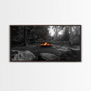 Forest Campfire, Glowing Flames, Outdoor Retreat, Cozy Autumn, Framed Canvas Print, Rustic Wall Decor, Fall Living Room Art, Nature Scene