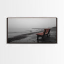 Red Bench Fog, Moody Coastal Morning, Framed Canvas Print, Minimalist Beach Wall Art, Modern Entryway Decor, Black and White Vibes