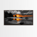 Sunset Beach, Fiery Sky, Ocean Glow, Moody Seascape, Framed Canvas Print coastal living room wall art, dramatic sunset photography
