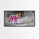 Neon Fox Portrait, Vibrant Wildlife Path Scene, Bright Nature Animal, Framed Canvas Print, Bedroom Wall Art, Psychedelic Animal Style
