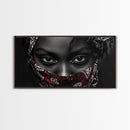 Fierce Eyes, Red Bandana, Bold Portrait, Afro Art, Framed Canvas Print, Bedroom Wall Art, Powerful Gaze, Monochrome With Red Accent