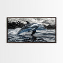 Jumping Dolphin, Ocean Splash, Monochrome Water, Framed Canvas Print, Coastal Wall Art, Bathroom Nautical Decor, Marine Life Photography