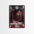 Red Vault Door, Industrial Style, Bold Security, Framed Canvas Print, Urban Interior Wall Art, Game Room Decor, Steampunk Vibes