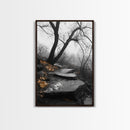Stone Path, Autumn Trail, Moody Forest, Yellow Leaves, Canvas Print, Fall Nature Wall Art, Rustic Entryway Decor, Misty Woodland Scene