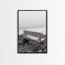 Seaside Bench, Rocky Shore, Ocean Fog, Coastal Calm, Framed Canvas Print, Minimalist Beach Art, Coastal Decor, Serene Ocean View