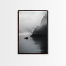 Red Boat, Foggy Coast, Seaside Cliff, Misty Water, Canvas Print, Moody Nautical Wall Art, Minimalist Ocean Decor, Scandinavian Style Art