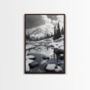 Snowy Mountain, Winter Landscape, Reflection Lake, Canvas Print, Black and White Nature Art, Cabin Wall Art, Adventure Photography