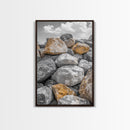 Golden Boulders, Earthy Texture, Nature Stones, Framed Canvas Print, Industrial Office Wall Art, Minimalist Landscape, Rock Photography