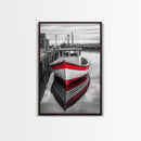 Red Fishing Boat, Harbor Calm, Nautical Charm, Canvas Print, Coastal Kitchen Wall Art, Maritime Theme, Seaside Decor, Rustic Water Scene