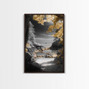 Yellow Trees, Autumn Beach, Ocean View, Framed Canvas Print, Nature Photography, Fall Landscape Wall Art, Coastal Living Room Decor