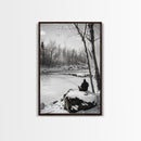 Winter Fishing, Snowy River, Peaceful Solitude, Canvas Print, Cabin Wall Art, Rustic Outdoor Decor, Black White Nature Photography
