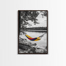 Hammock Lake Scene, Peaceful Nature Art, Fall Outdoors, Relaxed Escape, Framed Canvas Print, boho decor, bedroom art, cozy wall print