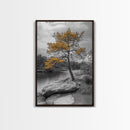 Golden Tree View, Nature Serenity, Fall Lake Art, Peaceful Pine, Framed Canvas Print, living room wall art, minimalist landscape print
