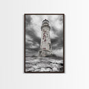 Rustic Lighthouse Shore, Weathered Tower Art, Stormy Coast Scene, Moody Seaside, Framed Canvas Print, nautical bathroom or den wall decor