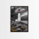 Red Beacon Lighthouse, Rocky Coast Light, Dramatic Storm Sky, Ocean Guide, Framed Canvas Print, nautical office wall art, bold coastal art