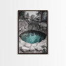 Hidden Spring Pool, Stone Garden Scene, Tranquil Nature Print, Zen Wall Decor, Framed Canvas Print, Minimalist Bathroom Wall Art