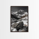 Snowy Alpine Scene, Winter Mountainscape, Nature Photography, Framed Canvas Print, Lodge Wall Art, Cabin Decor, Black and White Art