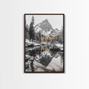 Snow Reflection Forest, Autumn Trees, Serene Mountain River, Framed Canvas Print, Bedroom Wall Art, Peaceful Cabin Scene, Fall Art
