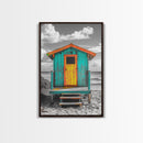 Colorful Beach Hut, Surf Shack, Coastal Cabin, Framed Canvas Print, Tropical Wall Art, Living Room Decor, Bright Summer Home Style