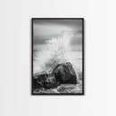 Ocean Splash, Rocky Coast, Dramatic Seascape, Monochrome Power, Framed Canvas Print, Coastal Wall Art, Entryway or Office Decor