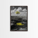 Solitary Tree, Desert Reflection, Yellow Leaves, Framed Canvas Print, Minimalist Wall Art, Bedroom Decor, Nature Fine Art Landscape