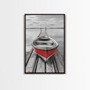 Red Rowboat, Dock Stillness, Minimalist Lake Scene, Canvas Print, Nautical Wall Art, Bathroom Decor, Tranquil Seascape, Coastal Aesthetic
