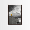 Yellow Raincoat, Ocean Storm, Moody Skies, Framed Canvas Print, Minimalist Wall Art, Coastal Entryway Decor, Contemplative Scene