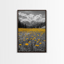 Yellow Wildflowers, Mountain Field, Blooming Meadow, Framed Canvas Print, Nature Photography, Rustic Decor, Dining Room Wall Art