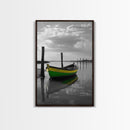 Green Yellow Boat, Serene Reflection, Dockside Calm, Framed Canvas Print, Coastal Bedroom Decor, Minimal Nautical Wall Art