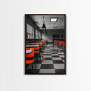 Retro Cafeteria, Red Chairs, Midcentury Modern Art, Canvas Print, Black and White Pop Art, Kitchen Wall Decor, Industrial Style