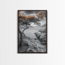Coastal Tree, Ocean Horizon, Windswept Shoreline, Tranquil Mood, Framed Canvas Print, Minimalist Wall Art, Neutral Tones, Zen Decor