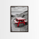 Red Picnic Bench, Ocean View Path, Seaside Escape, Vibrant Accent, Framed Canvas Print, Beach House Wall Art, Modern Coastal Decor