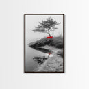 Red Bench, Misty Shore, Solitude Scene, Moody Fog Art, Framed Canvas Print, Minimalist Wall Art, Meditative Decor, Entryway Accent