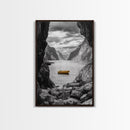 Yellow Boat, Mountain Lake, Serene Fjord Scene, Framed Canvas Print, Minimalist Wall Art, Nature Landscape, Scandinavian Decor