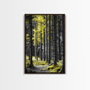 Yellow Forest, Tall Pines, Woodland Scene, Framed Canvas Print, Modern Nature Wall Art, Cabin Living Room Decor, Fall Forest Art