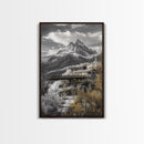 Mountain Escape, Cabin Retreat, Black White Landscape, Framed Canvas Print, Rustic Cabin Art, Bedroom Wall Decor, Nature Lodge Decor