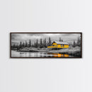 Yellow Cabin, Forest River View, Wilderness Retreat, Framed Canvas Print, Rustic Wall Art, Lodge Decor, Cozy Nature Landscape Style