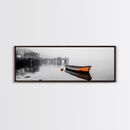 Harbor Rowboat Reflection, Foggy Dock Scene, Framed Canvas Print, Coastal Minimalist Wall Art, Seaside Entryway Decor, Moody Ocean Art