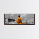 Solitude in Nature, Orange Robe Figure, Mindful Meditation Scene, Canvas Print, Boho Landscape, Zen Room Wall Art, Office Wall Decor