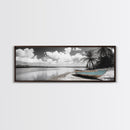 Tropical Boat, Deserted Beach, Palms and Clouds, Ocean Peace, Framed Canvas Print, Boho Wall Art, Bedroom Decor, Seaside Minimalism