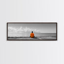 Orange Jacket, Solitude Man, Sea Gaze, Minimal Mood, Framed Canvas Print, Office Wall Art, Modern Decor, Reflective Photography