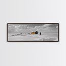Winter Fishing, Ice House, Snowy Sky, Arctic Chill, Framed Canvas Print, Cabin Wall Art, Minimalist Winter Decor, Monochrome Scene