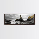 Sea Stacks, Rocky Shore, Golden Moss, Framed Canvas Print, coastal wall art, moody ocean print, beach house decor, nature photography