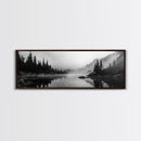 Foggy Pines, Mountain Reflection, Monochrome Wilderness, Canvas Print, black and white wall art, cabin decor, minimalist forest scene