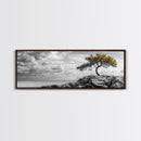 Lone Tree Cliff, Windy Ocean View, Golden Branches, Canvas Print, Moody Landscape Art, Neutral Tones, Office Wall Decor, Minimalist Style