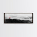 Lone Red Tree, Misty Hills, Minimalist Landscape, Framed Canvas Print, serene bedroom wall art, abstract black and white decor