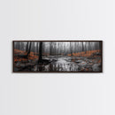 Autumn Forest Stream, Bare Trees, Orange Leaves, Framed Canvas Print, Fall Wall Art, Cozy Nature Scene, Entryway Decor