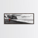 Red Jacket Wanderer, Moody Coastal Cliff Scene, Monochrome Photography, Framed Canvas Print, Modern Minimalist Office Wall Art