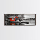 Lakeside Cabin Red, Boat House Retreat, Serene Waterfront, Autumn Color Pop, Canvas Print, Cozy Living Room Wall Art, Nature Home Decor