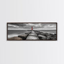 Red Lighthouse Coast, Seaside Rock Jetty, Stormy Sky Mood, Nautical Beacon View, Canvas Print, Bathroom Wall Art, Coastal Modern Decor